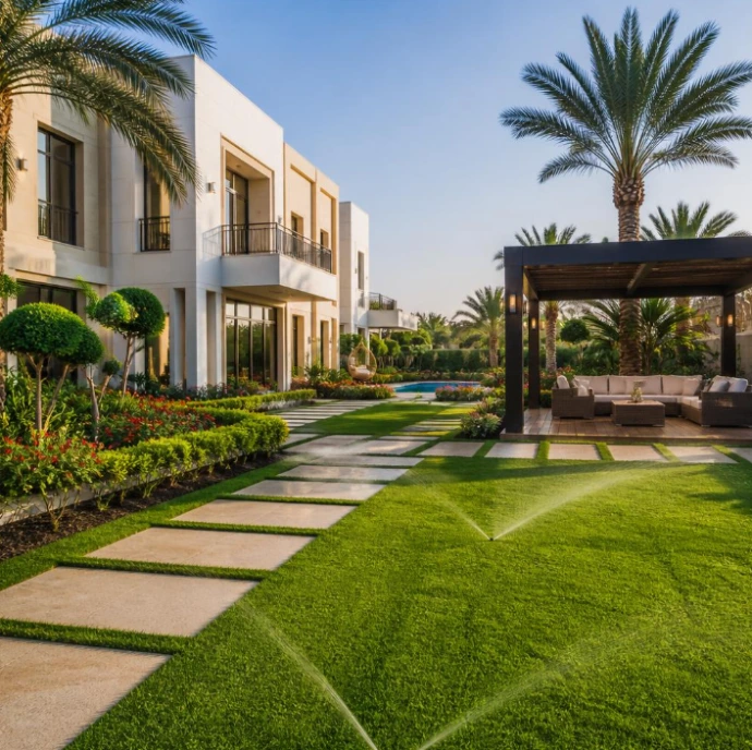 Complete villa landscaping and gardening services in Mohammed Bin Zayed City Abu Dhabi including lawn care, plant trimming, and outdoor design solutions.