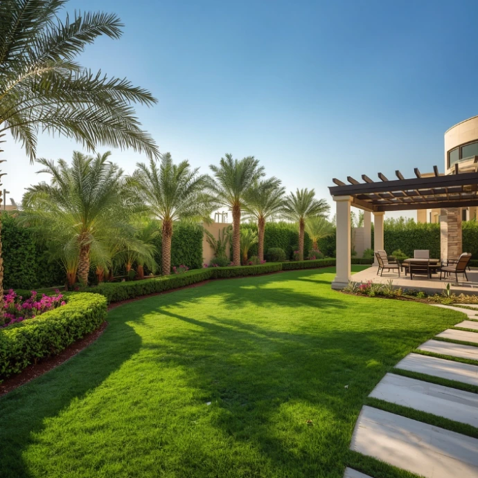 Professional landscaping company in Al Mushrif Abu Dhabi offering garden maintenance, lawn installation, pruning, irrigation systems, pergolas, gazebos, and pool landscaping.