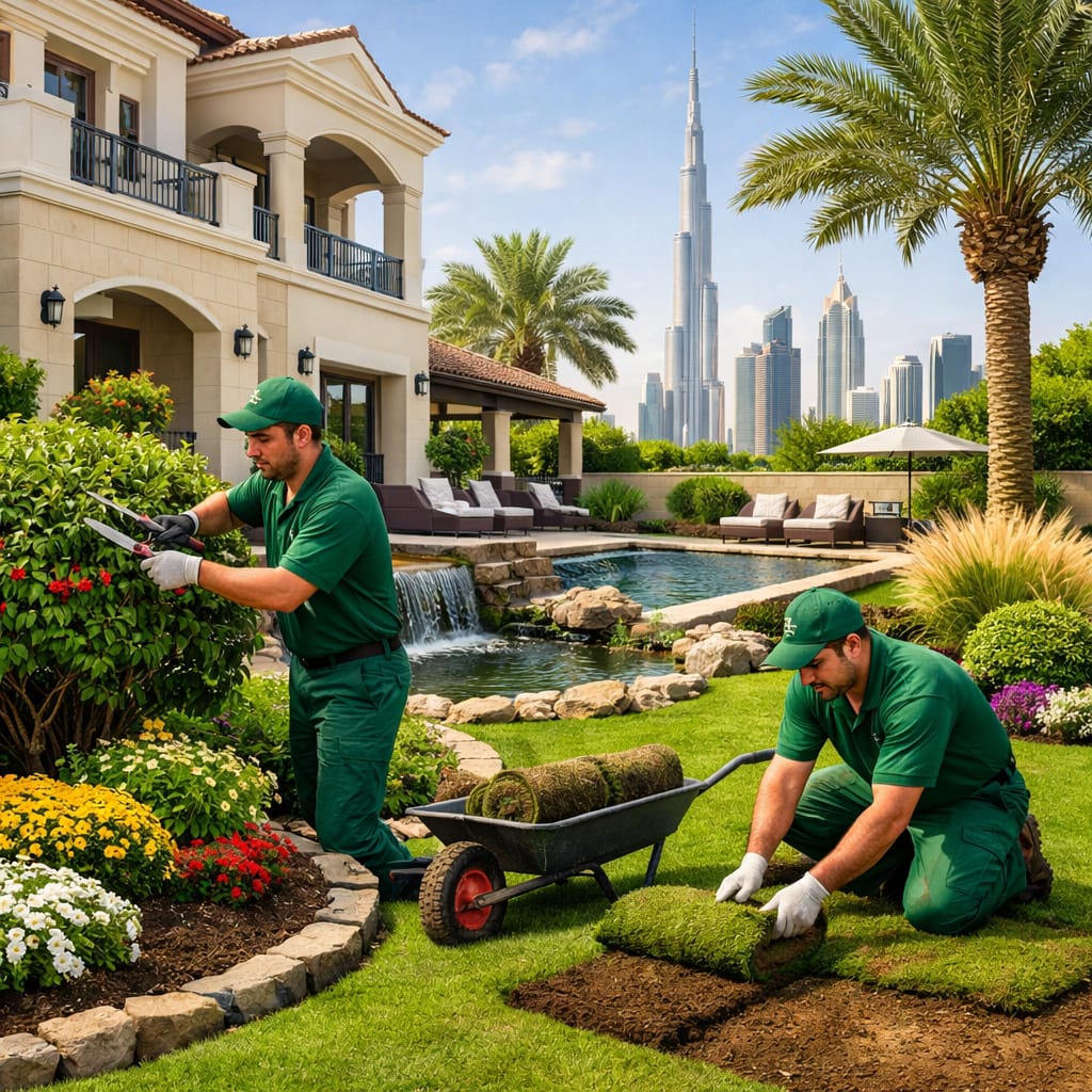 Professional landscaping company in Al Maryah Island Abu Dhabi offering garden design, lawn care, irrigation systems, pool landscaping, and maintenance services.