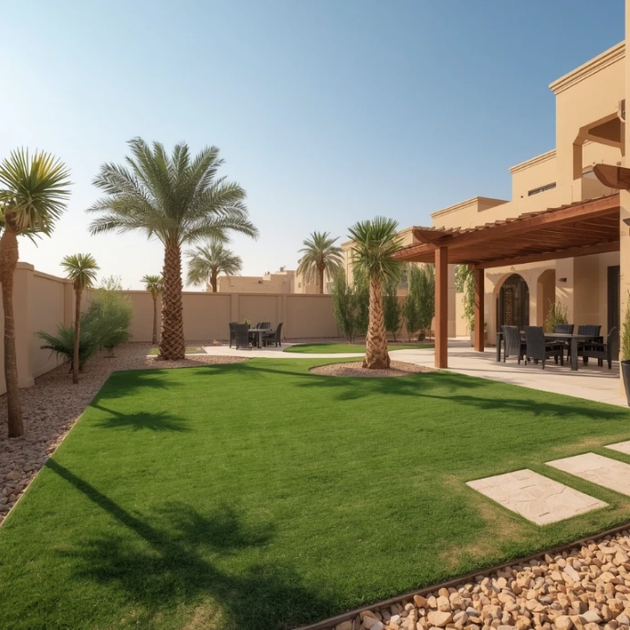 Expert coastal garden maintenance in Corniche Area Abu Dhabi including pruning, fertilization, lawn care, irrigation repair, and plant protection.