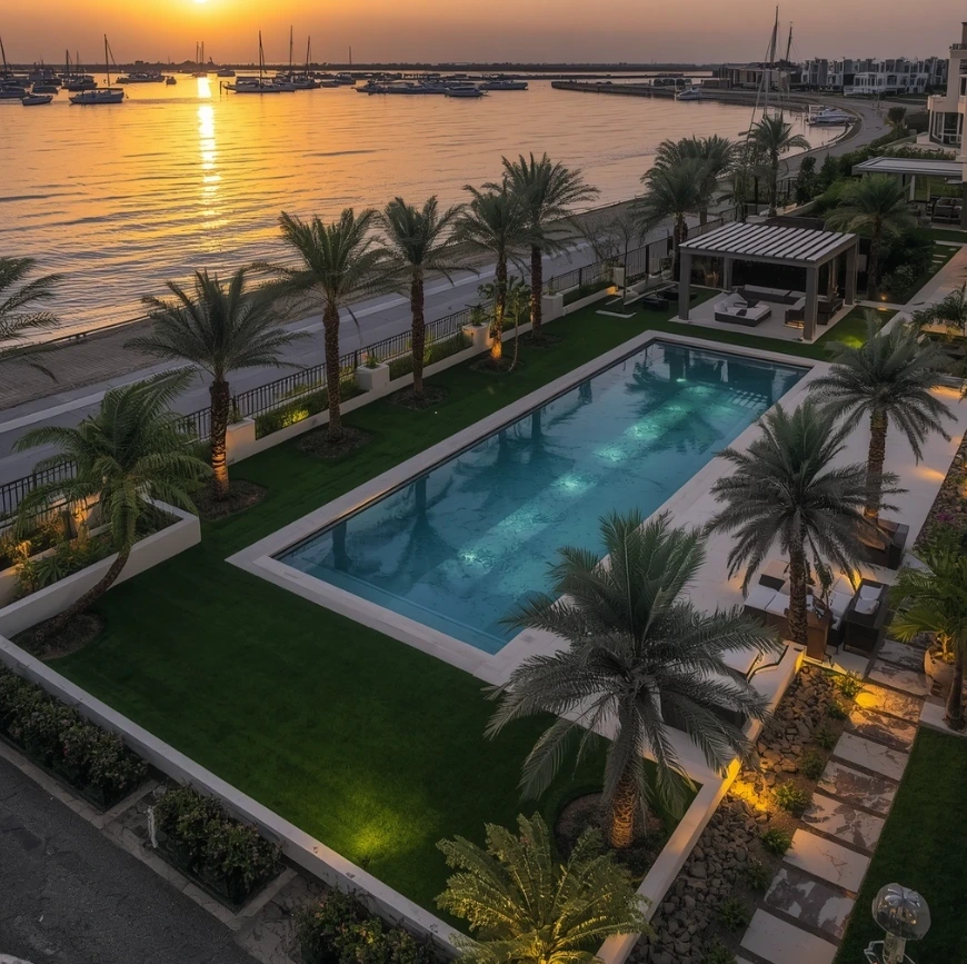 Al Bahia Abu Dhabi featuring gardens, pools, gazebos, pergolas, lawns, and sustainable villa landscape designs. Luxury outdoor landscaping in Al Bahia Abu Dhabi featuring gardens, pools, gazebos, pergolas, lawns, and sustainable villa landscape designs.