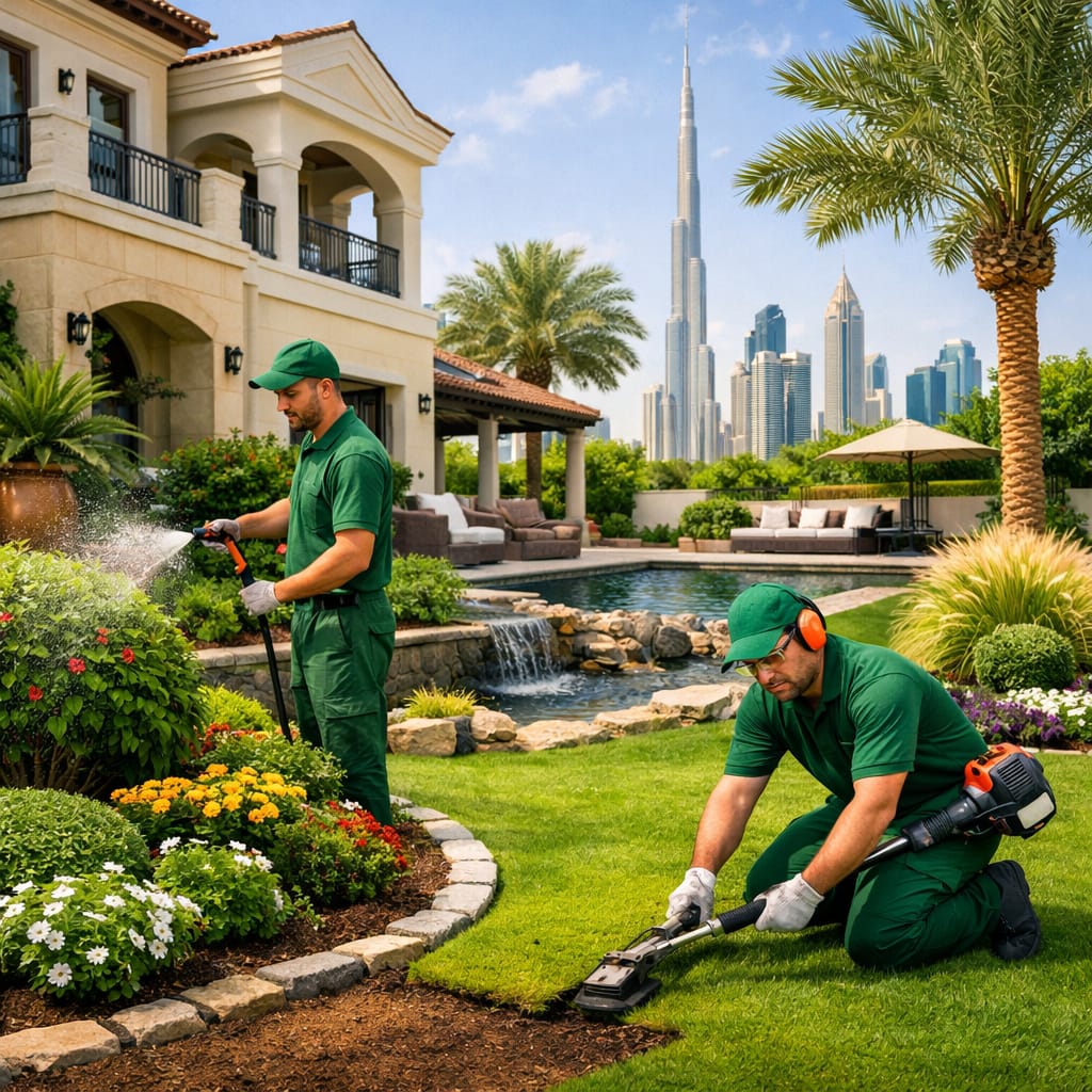Professional landscaping in Madinat Zayed Abu Dhabi featuring gardens, pools, gazebos, pergolas, lawns, and sustainable outdoor designs.