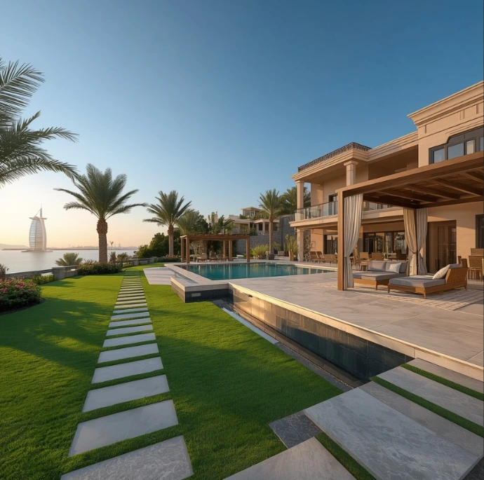 Upgrade your luxury villa with reliable landscaping and gardening in Umm Suqeim Dubai by Green Sights Landscaping LLC, creating elegant outdoor living spaces beautifully.