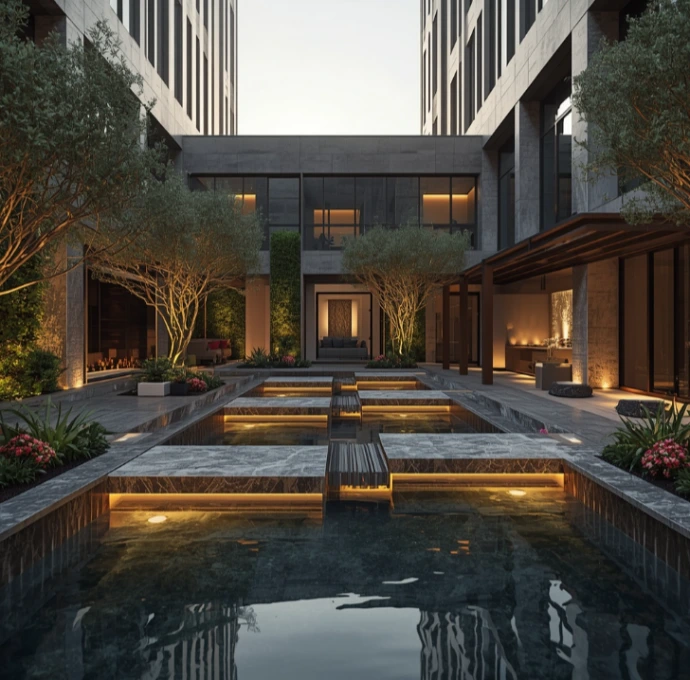 Professional landscaping and gardening in Oud Metha Dubai designing sophisticated villa gardens, commercial landscapes, healthy lawns, luxury hardscaping, pool surroundings, and sustainable outdoor environments.