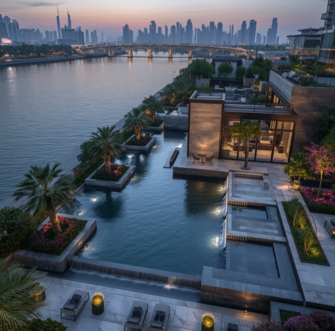 Professional landscaping and gardening in Al Jaddaf Dubai designing luxury villa gardens, waterfront landscapes, healthy lawns, pool surroundings, sustainable planting, and premium outdoor environments.