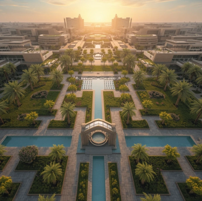 Professional landscaping and gardening in Academic City Dubai designing beautiful campus landscapes, villa gardens, healthy lawns, sustainable planting, luxury hardscaping, and premium outdoor environments.