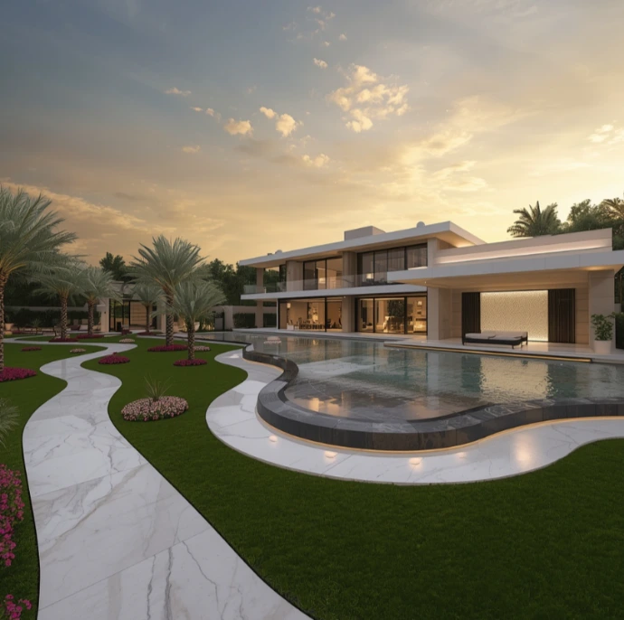 Professional landscaping and gardening in Motor City Dubai designing elegant villa gardens, lush lawns, luxury pool surroundings, decorative hardscaping, sustainable planting, and expert outdoor maintenance.