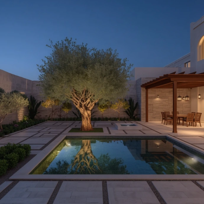 Luxury landscaping and gardening in Al Khalidiyah Abu Dhabi creating stunning villa gardens, decorative pathways, artificial turf, pool landscapes, outdoor kitchens, and relaxation spaces.