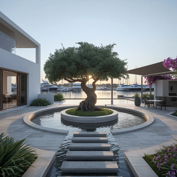 Professional landscaping and gardening in Marina Village Abu Dhabi delivering vibrant villa gardens, tropical planting, decorative pathways, outdoor lighting, luxury pools, and expert care.