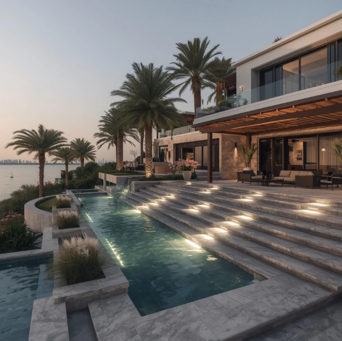 Luxury landscaping and gardening in Mina Zayed Abu Dhabi delivering vibrant villa gardens, decorative paving, artificial lawns, sustainable greenery, outdoor kitchens, and premium craftsmanship.