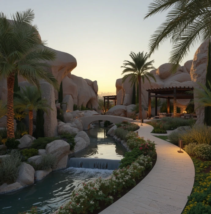 Premium landscaping and gardening in Al Mina Abu Dhabi creating vibrant villa gardens, artificial lawns, decorative paving, pool landscapes, outdoor living spaces, and expert craftsmanship.