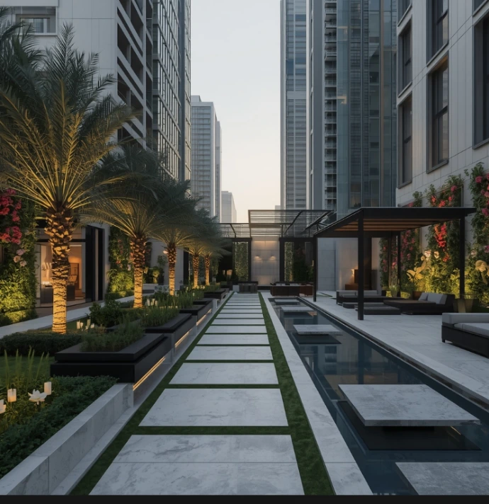 Professional landscaping and gardening in Electra Street Abu Dhabi creating vibrant outdoor spaces, luxury gardens, irrigation systems, artificial grass, elegant pathways, and premium craftsmanship.