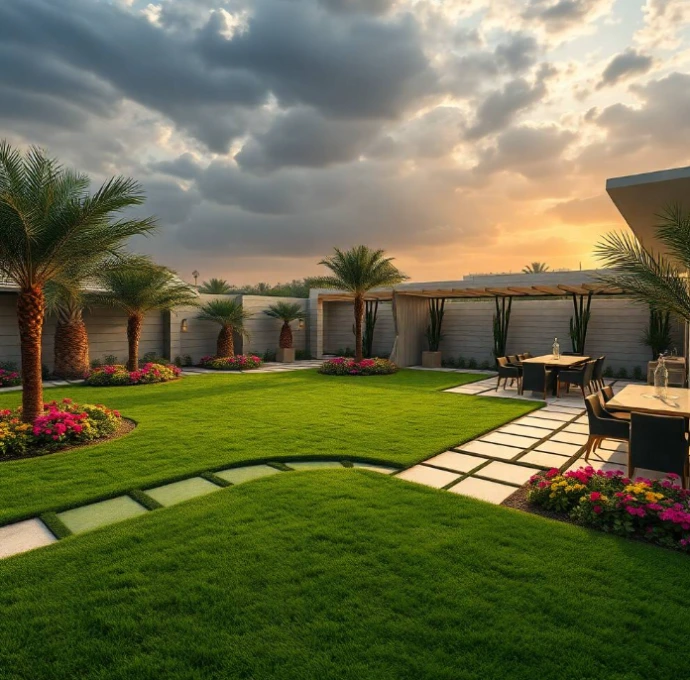 Experience professional Garden Design and Landscaping in Al Jahili, Al Ain with lush lawns, flower planting, tree pruning, irrigation maintenance, and sustainable landscaping solutions.