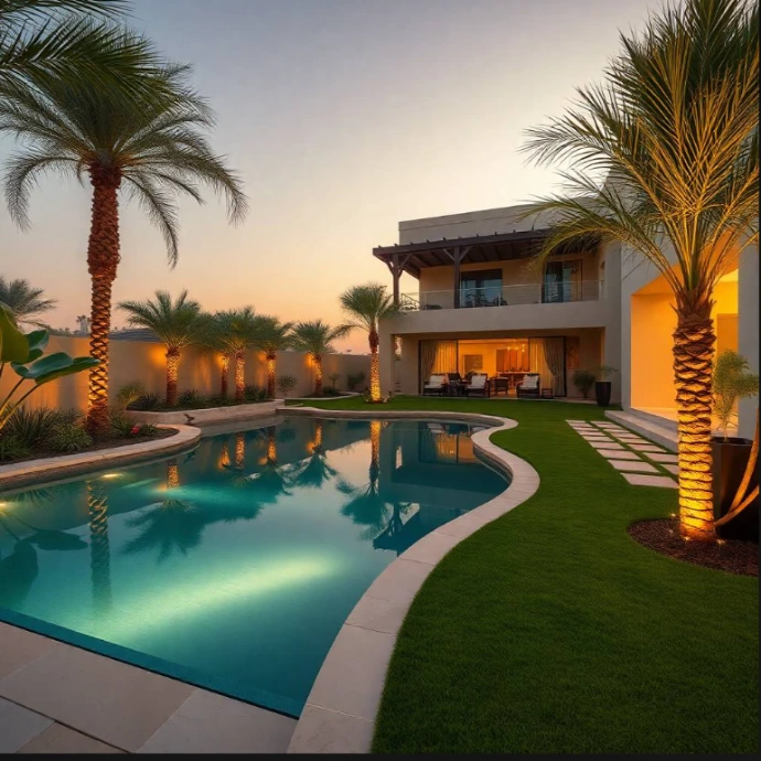 Create a stunning villa landscape with luxury garden design and landscaping in Al Ain. Complete lawn care, tree pruning, irrigation, and seasonal maintenance.