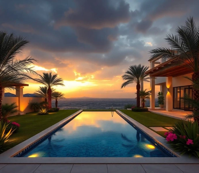 Premium villa garden design and landscaping in Al Ain for elegant outdoor living. Professional maintenance, irrigation, planting, lawn care, and tree pruning.
