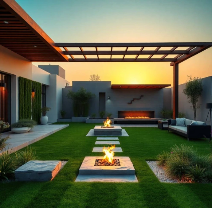 Modern luxury villa in Al Khan with lush gardens, elegant pathways, premium landscape lighting, water features, and perfectly maintained greenery.