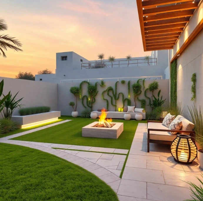 Experience a contemporary villa landscape in Al Majaz featuring lush gardens, elegant pathways, premium lighting, sustainable greenery, and luxurious outdoor living.