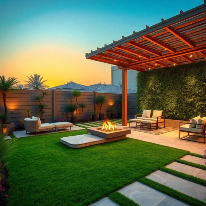 Contemporary luxury villa surrounded by elegant gardens, premium hardscaping, lush lawns, artistic lighting, and sustainable landscaping in Al Taawun, Sharjah.