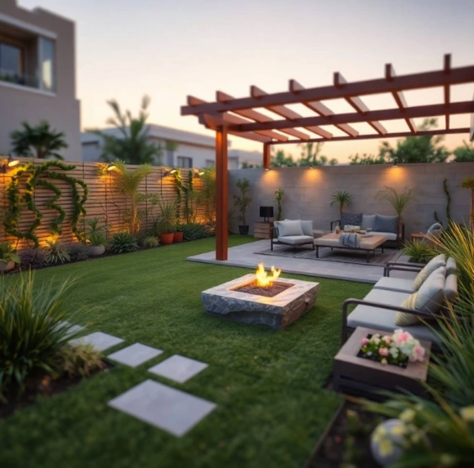 Elegant villa featuring premium landscaping, lush gardens, artistic pathways, smart lighting, water features, and sustainable greenery in Al Nahda, Sharjah.