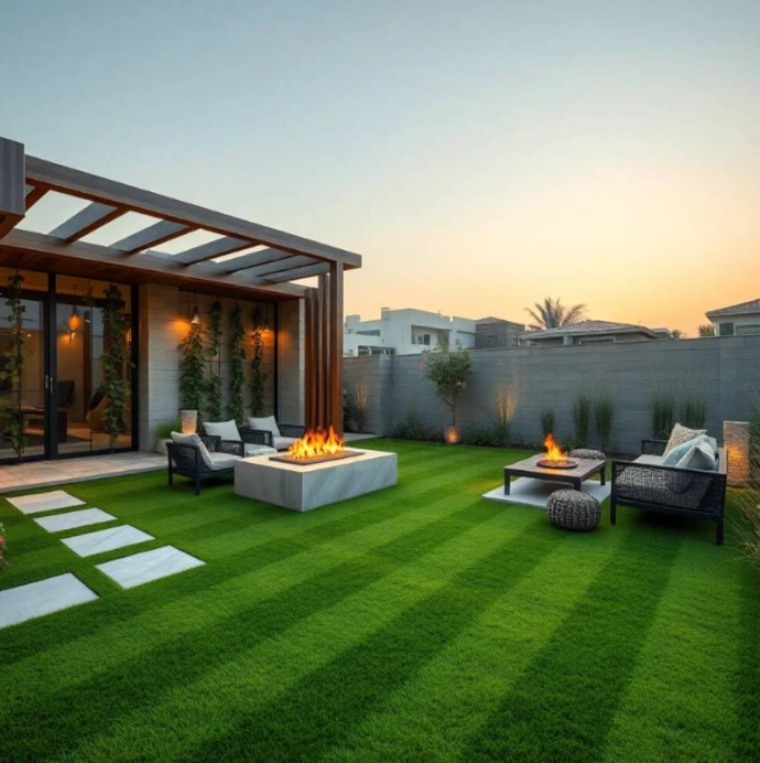 Sophisticated backyard with luxury seating, artistic landscaping, premium lawn, decorative planting, shaded pergola, ambient lighting, and sustainable outdoor design.