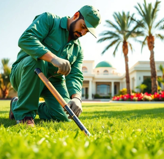 Luxury villa with premium landscaping, elegant gardens, modern pathways, lush lawns, smart lighting, water features, and sustainable greenery in Al Qasimia.