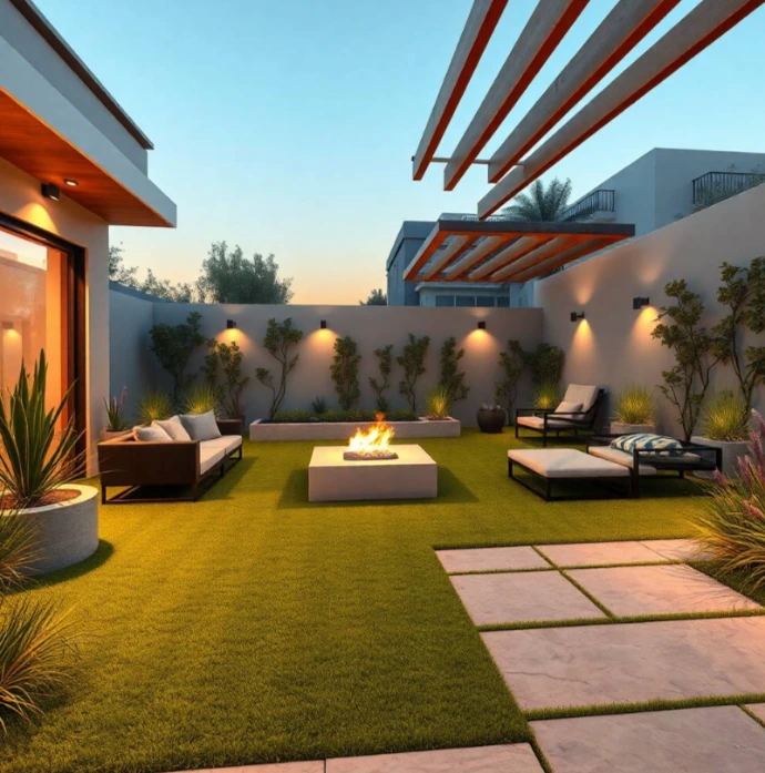 Contemporary luxury villa surrounded by lush gardens, elegant walkways, premium lighting, sustainable landscaping, and modern outdoor living in Abu Shagara.
