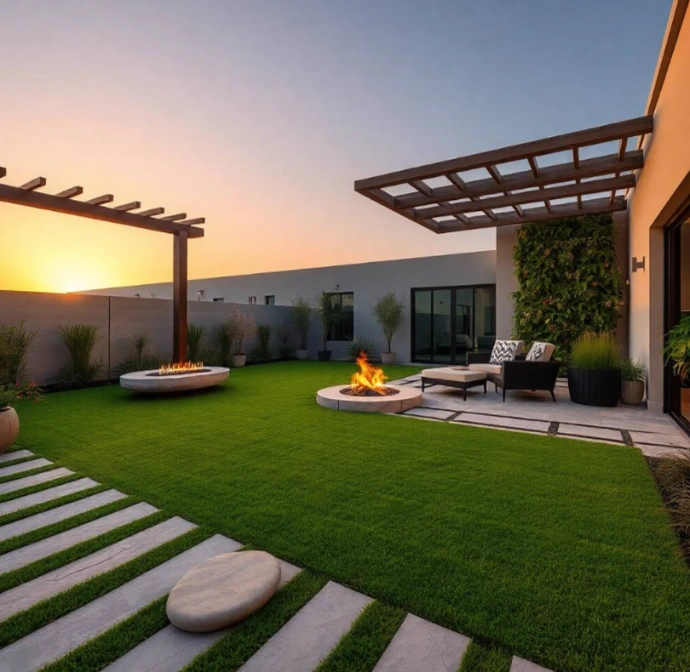 Sophisticated backyard with curved lawns, luxury pergola, decorative planting, tranquil water feature, ambient lighting, and sustainable outdoor living in Al Yarmook.