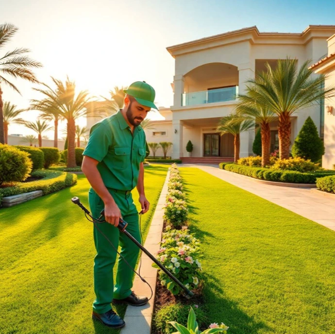 Modern luxury villa featuring artistic gardens, premium lawns, elegant pathways, smart lighting, water features, and sustainable landscaping in Al Yarmook.