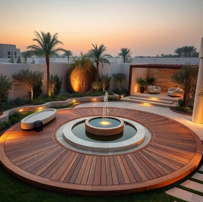 Designer backyard featuring curved lawns, luxury pergola, artistic planting, elegant water feature, ambient lighting, and eco-friendly landscaping in Al Falaj.