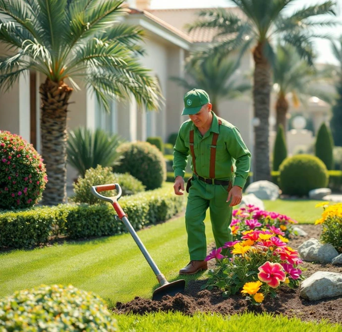 Elegant luxury villa with modern landscaping, lush gardens, premium pathways, smart lighting, tranquil water features, and sustainable greenery in Al Falaj.