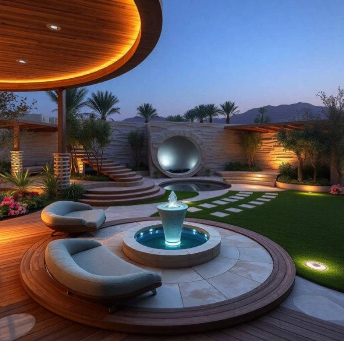 Luxury backyard featuring curved lawns, designer pergola, ambient lighting, elegant planting, water feature, and eco-friendly smart landscape design in Al Jazzat.