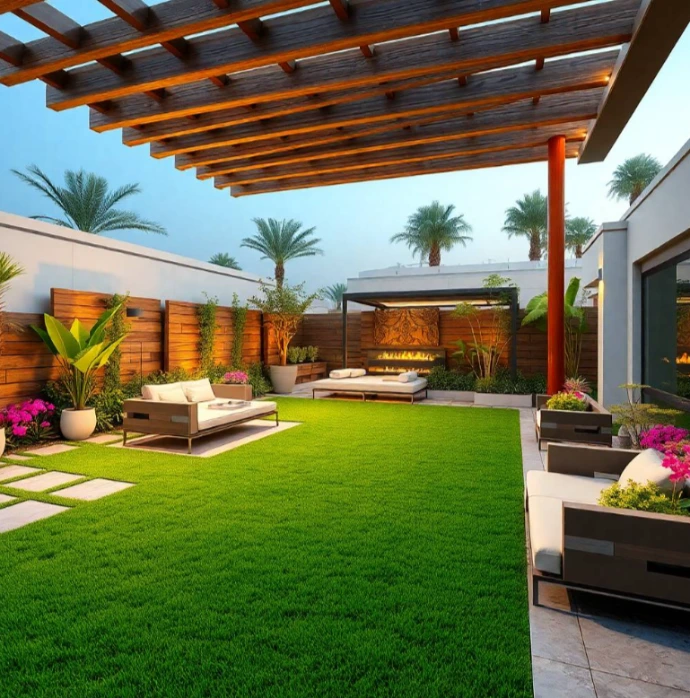 Elegant luxury villa featuring a futuristic landscaped garden with premium lawn, palm trees, lighting, stone pathways, and water features in Al Azra Sharjah.