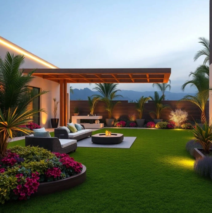 Modern luxury villa surrounded by elegant landscaped gardens, lush lawns, premium palms, stylish pathways, and sophisticated outdoor lighting in Al Ghafia Sharjah.