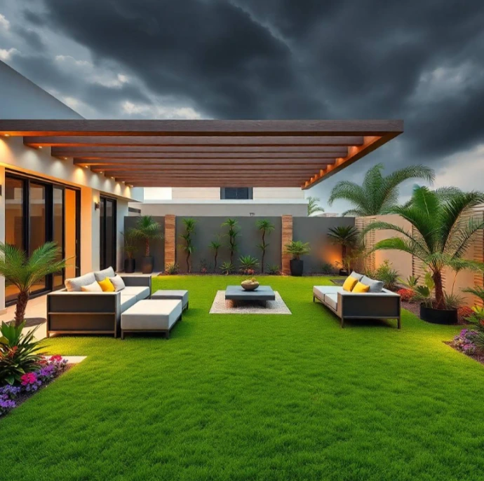 Luxury eco-friendly villa surrounded by sustainable landscaping, lush lawns, native plants, elegant stone paths, shaded seating, and smart lighting in Al Ramaqiya Sharjah.