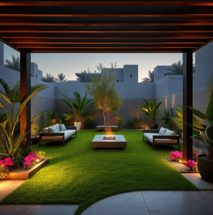Contemporary eco-friendly villa with sustainable landscaping, lush lawns, native plants, modern water features, shaded seating, and elegant outdoor spaces in Sharjah.