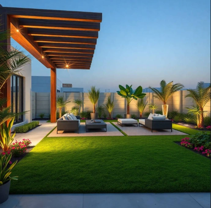 Modern luxury villa with contemporary landscaping, lush lawns, elegant palms, premium stone walkways, ambient lighting, and stylish outdoor living in Sharjah.