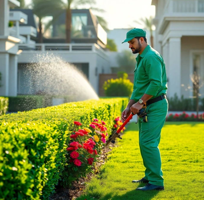 signature garden design and landscaping in Sharqan Sharjah with luxury villa gardens, irrigation, maintenance, and stylish outdoor solutions.