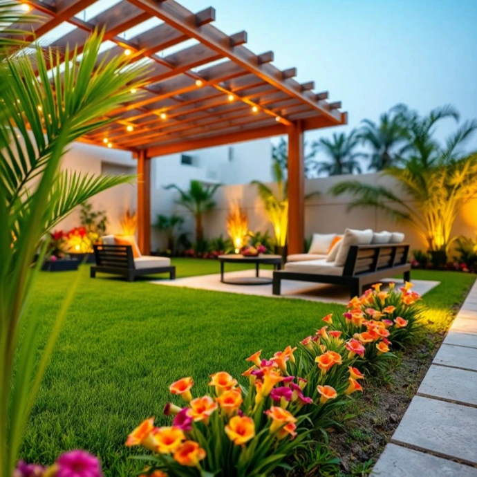 Exclusive luxury villa with signature landscaping, elegant lawns, sculpted palms, premium stone features, designer lighting, and refined outdoor living in Sharjah.