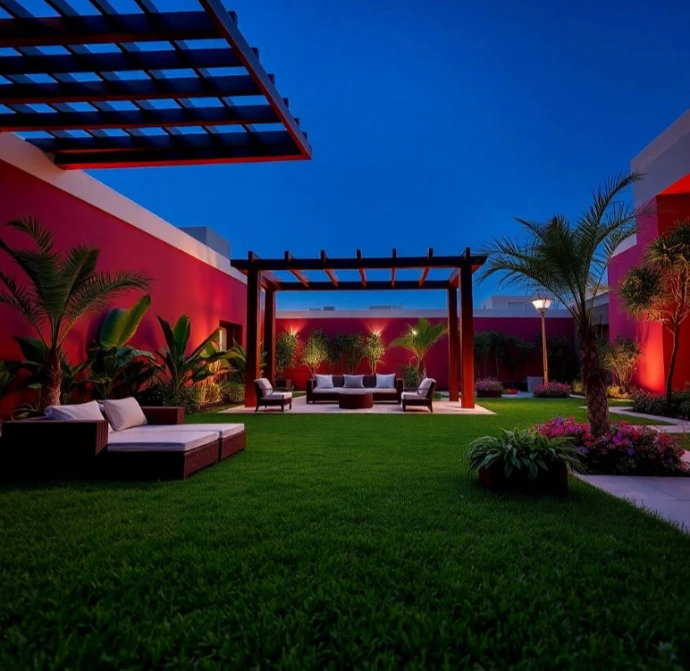 Contemporary waterfront villa with luxurious landscaped gardens, lush lawns, elegant palm trees, premium stone pathways, and refined outdoor living in Al Heerah Sharjah.