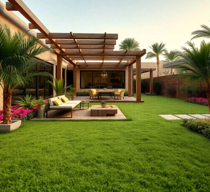 Elegant beachside villa with premium landscaped gardens, lush lawns, palm trees, natural stone paths, luxury lighting, and sophisticated outdoor spaces in Al Fisht Sharjah.