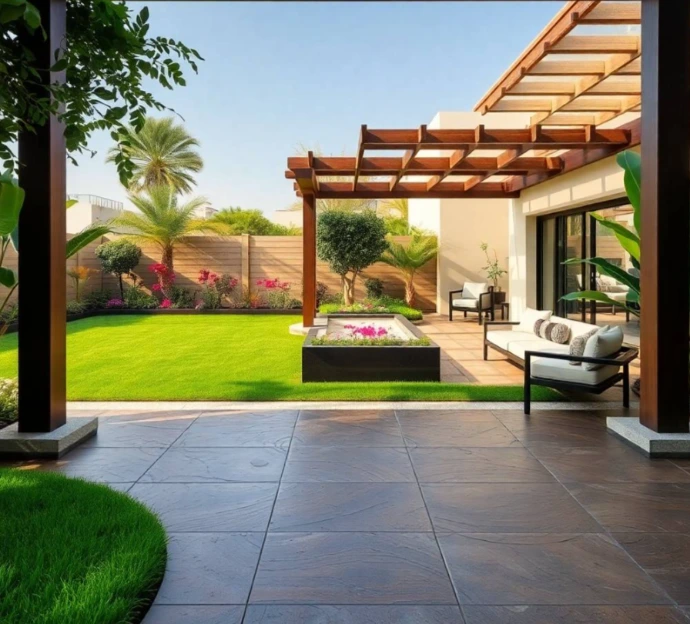 Magnificent luxury villa with exclusive landscaped gardens, lush lawns, sculpted palms, elegant water features, and sophisticated outdoor entertaining spaces in Sharjah.