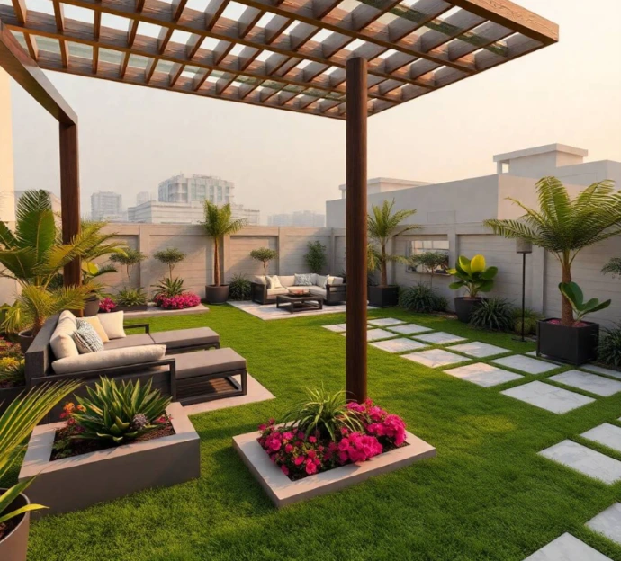 Designer backyard with modern pergola, lush lawn, tropical plants, elegant seating, artistic lighting, and premium landscaping for luxury outdoor relaxation in Sharjah.