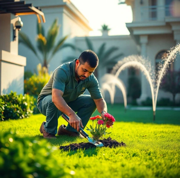 Luxury villa with world-class landscaping, lush green gardens, modern pathways, elegant plants, smart lighting, and premium outdoor spaces in University City Sharjah.