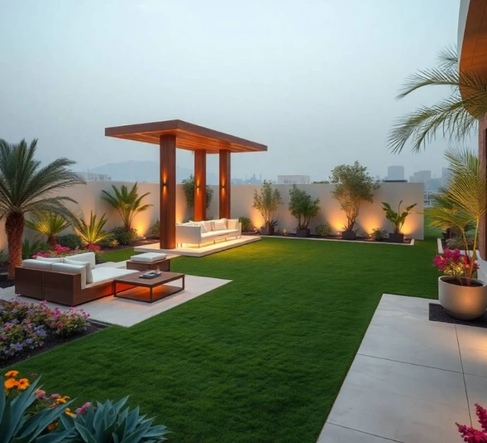 Advanced backyard garden featuring smart irrigation, modern pergola, lush lawn, decorative plants, relaxing seating, and innovative landscape design in Sharjah.