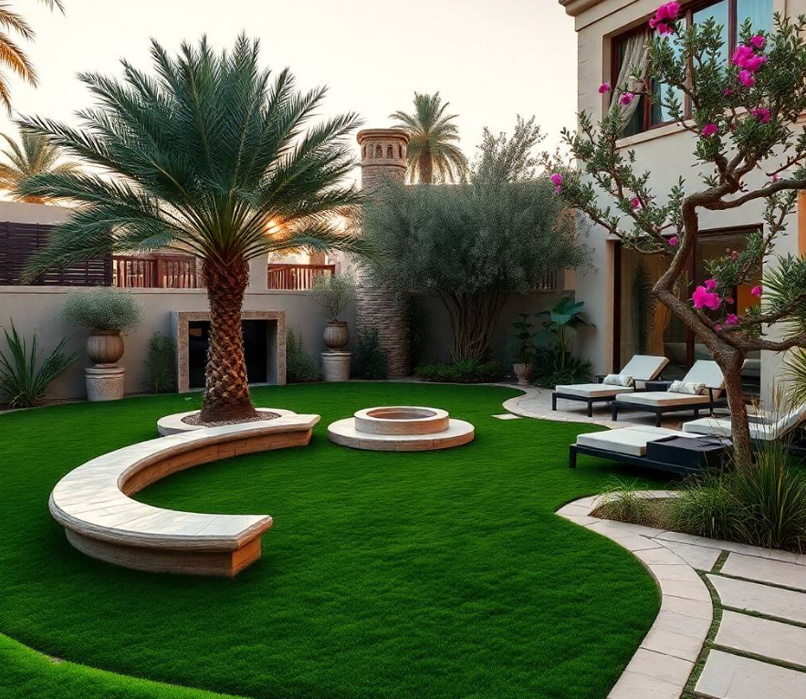 Saadiyat Island Abu Dhabi surrounded by an original high-end landscape featuring sculpted date palms, layered bougainvillea, symmetrical lawn panels, elegant travertine pathways, decorative stone planters, contemporary reflecting pool, flowering shrubs, mature olive trees, premium outdoor dining area, sophisticated architectural lighting,
