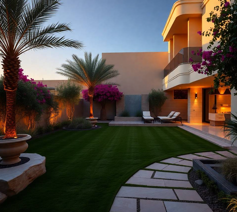 villa landscape in Saadiyat Island Abu Dhabi featuring an original contemporary garden design with symmetrical lawn panels, elegant date palms, sculptural shrubs, flowering bougainvillea, sleek stone pathways, raised geometric planting beds, minimalist reflecting pool, premium outdoor seating, subtle garden lighting, sophisticated villa