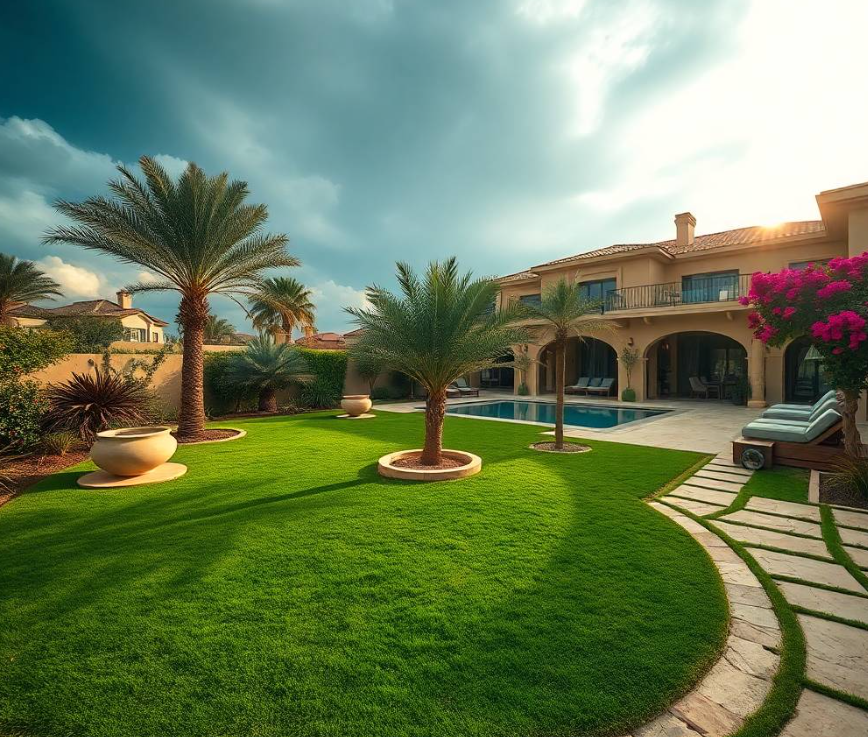 flowering bougainvillea, manicured lawn, modern stone planters, ornamental grasses, premium poolside loungers, outdoor dining area, subtle underwater and landscape lighting, contemporary luxury villa facade, sophisticated resort-inspired residential