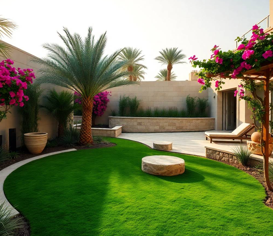 outdoor living garden at a prestigious villa in Saadiyat Island Abu Dhabi featuring a spacious lawn, elegant contemporary pergola, premium outdoor lounge and dining furniture, sculptural date palms, flowering bougainvillea, ornamental grasses, geometric planting beds, natural limestone pathway, modern fire feature, decorative stone planters,