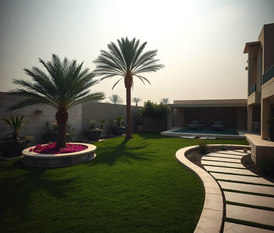 hardscape garden in Saadiyat Island Abu Dhabi featuring a sophisticated natural stone courtyard, large travertine patio, elegant geometric pathways, raised stone planter walls, contemporary pergola, sculptural date palms, flowering bougainvillea, ornamental grasses,