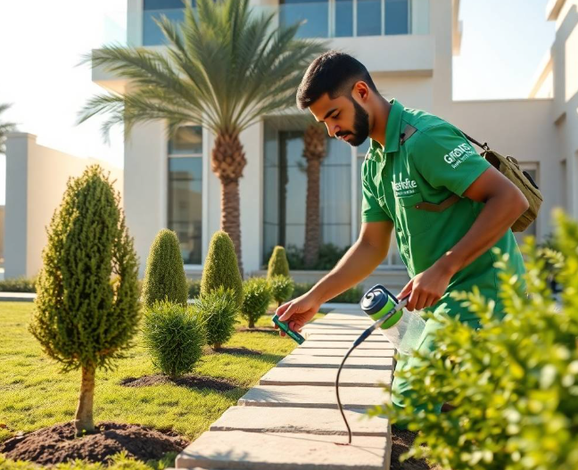 refined Abu Dhabi residential atmosphere, warm sunset illumination, professional luxury landscaping photography, full-frame DSLR, 50mm lens, realistic architectural materials and foliage, natural shadows, ultra-photorealistic, no cartoon, no CGI, no illustration, no artificial AI appearance.